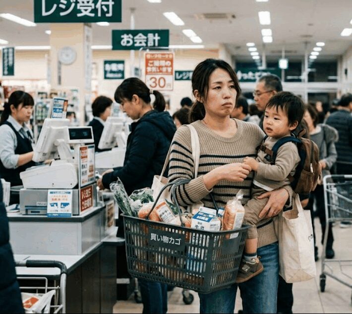 買い物カゴと子どもを両手に抱え、レジに並ぶ主婦