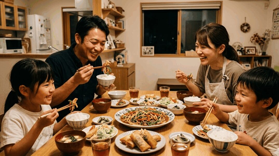 チンジャオロースで家族4人の夕飯の食卓の画像