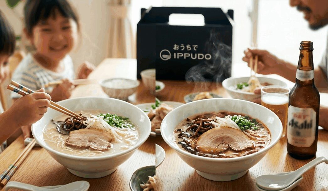 食卓に並んだ一風堂の白丸元味・赤丸新味とビールを楽しむランチ風景