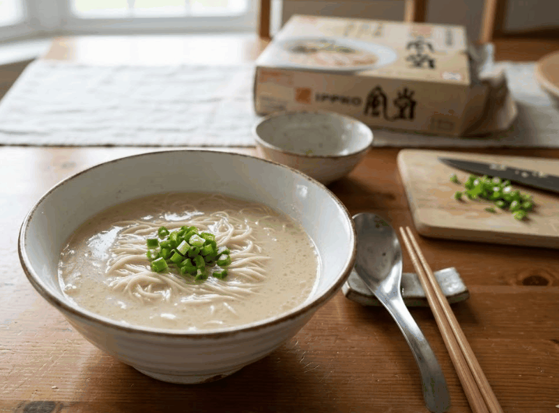 トッピングがネギしかなく少し寂しい見た目になってしまった一風堂お取り寄せラーメンの失敗例